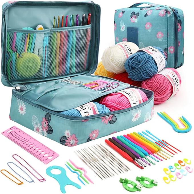 Abizarch 59 Pcs Crochet Hooks Kit for Beginners Adults, Knitting Starter Kit for Adults Ergonomic Soft Grip Handle Crochet Tools, DIY Weave Yarn Kits with Carry Bag, Travel Knitting Crochet Supplies
