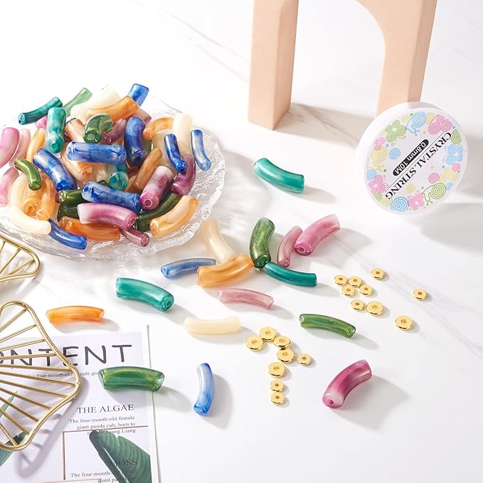 Sparkeads 120PCS Bamboo Tube Bracelet Making Kit for Women Friendship Bracelet Gift Stacking Bangles Chunky Curved Acrylic Beads Metal Spacers Elastic Thread Bracelet Beads