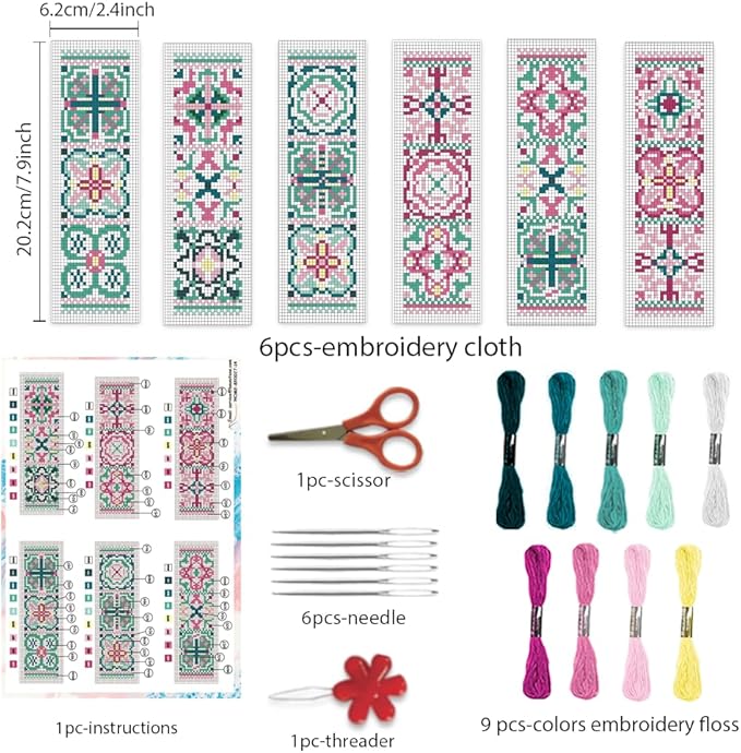 BEUNITONE Cross Stitch Bookmark Kits 6 Pcs Variegated Flowers DIY Bookmarks Cross Stitch Set for Adults Beginners Hand Embroidery Set Traditional Decorative Patterns Craft Kits for Gifts 8''x2.4''