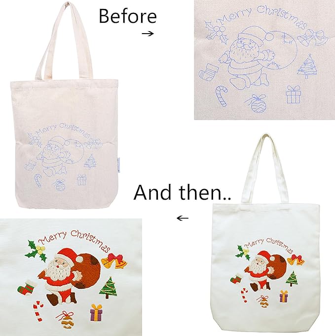 CREAWONDER Canvas Tote Bag Embroidery Kit with Pattern for Beginners, Arts and DIY Embroidery Crafts Kits for Adults, Include Instructions, Thimble, Embroidery Hoops, Color Threads and Tool
