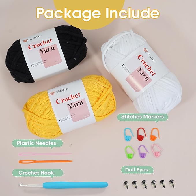 Beginner Yarn for Crocheting, Easy Crochet Yarn for Beginners, 3 Pack × 1.8 oz Amigurumi Yarns, Penguin Crochet Kit, Thick and Soft with Video Tutorials, Easy-to-See Stitches, Worsted Medium # 4