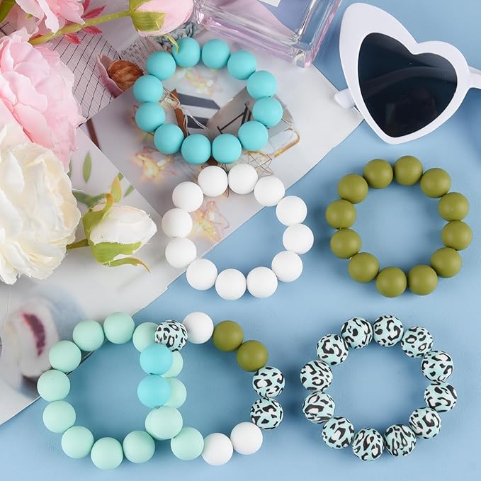 ASTARON 100 Pcs 15mm Silicone Beads for Keychain Making, Cyan Blue White Silicone Beads Bulk Round Beads for Bracelets Pens Crafts Supplies
