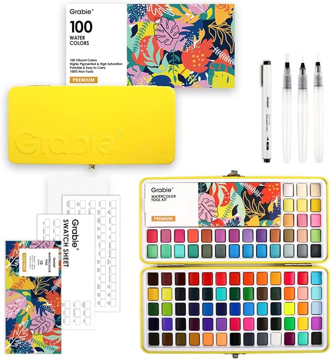 grabie 100 colors premium all-in-one watercolor paint set - 50 essential, 35 metallic, 10 pastels, 5 neon hues - portable case, brush pens, paper pad, waterproof fineliner pen, beginner & professional