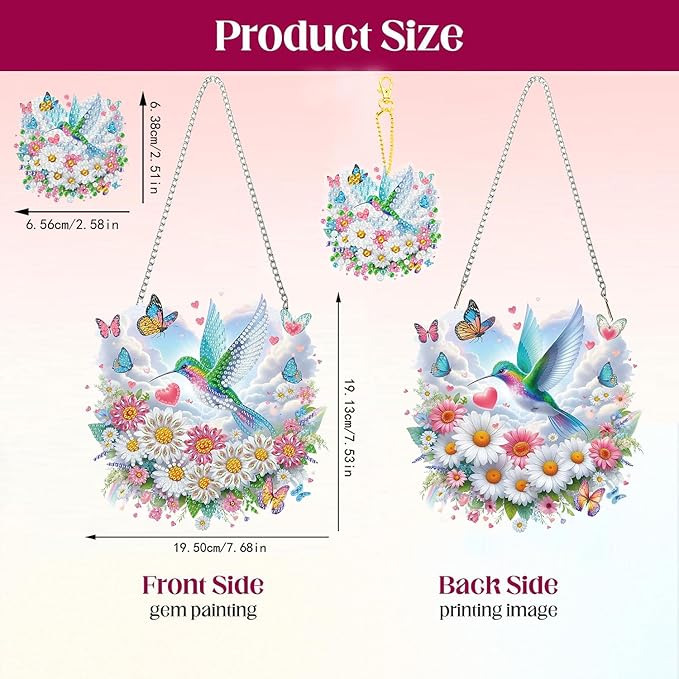 Masendp Hanging Diamond Art Decoration Kit 5D Diamond Painting Kit, DIY Hummingbird and Flower Series Diamond Art Kit Suitable for Beginners and Adults, Home Wall Garden Decoration