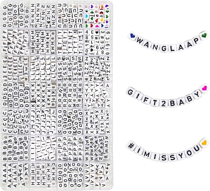 1120Pcs Square Acrylic 6x6mm Alphabet A-Z Letters Beads with Numbers Colorful Hearts Cube Beads for Phone Lanyard Friendship Bracelets Necklaces (White-1120-Organized)