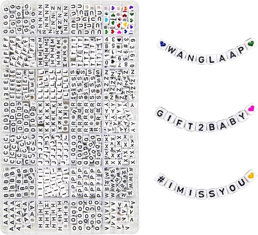 1120Pcs Square Acrylic 6x6mm Alphabet A-Z Letters Beads with Numbers Colorful Hearts Cube Beads for Phone Lanyard Friendship Bracelets Necklaces (White-1120-Organized)