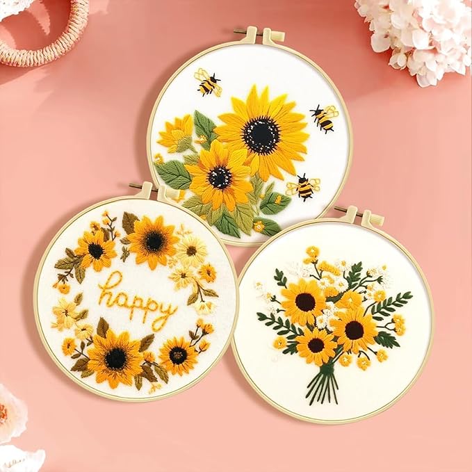 Zhenqing Sunflower Embroidery Kit 3 Designs | 11.4"x11.4" Beginner-Friendly Hand Embroidery Set with Hoop & DMC Threads | DIY Home Wall Decor, Mindful Gift for Mothers Day C0005