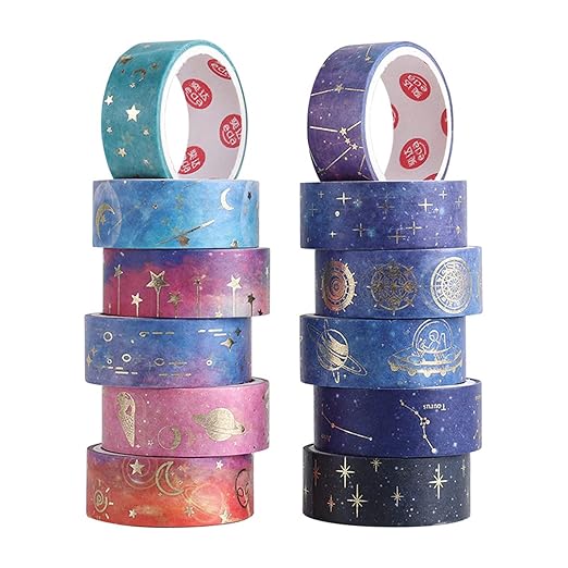 12 Rolls Galaxy Washi Tape Set, Gold Foil Decorative Masking Tape for Scrapbooking, Journal, Planner, DIY Crafts, Gift Wrapping