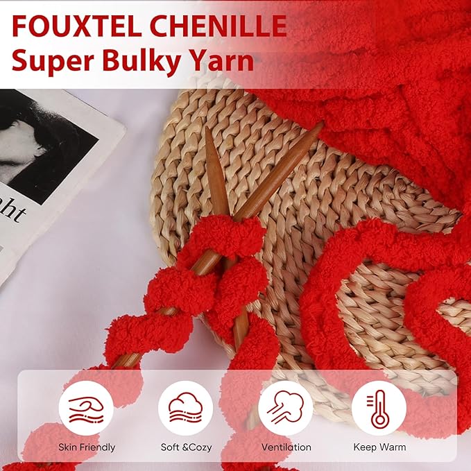 8 Jumbo Packs Chunky Chenille Yarn for Crocheting, 31.7 yds, 8 oz Each Skein Bulky Thick Fluffy Yarn for Knitting, Super Bulky Chunky Yarn for Hand Knitting Blanket, Soft Plush - Red