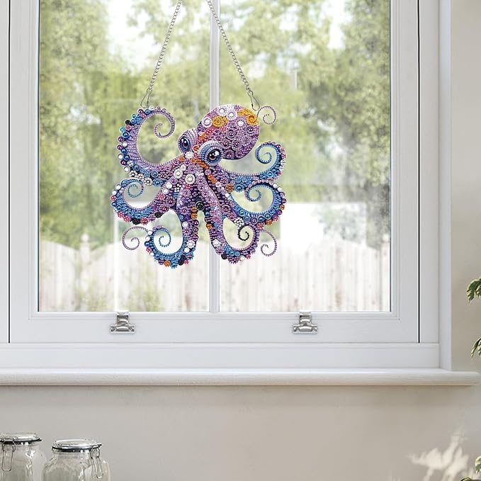AiYuanzsh Octopus Diamond Painting Hanging Ornament, 5D DIY Special Shaped Diamond Art Pendant Kit for Adults, Large Ocean Animal Wall Hanging Craft Decoration 24.1x22.6cm, Nautical Home Decor & Gift