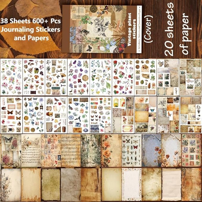 347Pcs Journaling Stickers and 20 Sheets Scrapbook Paper, Vintage Scrapbooking Kit, Plant Flower Butterfly Background Ephemera for Junk Journal Supplies, Planners, Bujo, Collage Art
