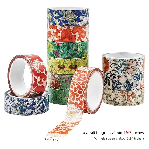 Berkin Arts 12 Rolls Art Floral Designs Washi Tape Set - 15 mm Wide Decorative Adhesive Masking Tape Cloisonnism for Bullet Journal Colorful Damask Pattern Intricate Colorful Owen Jones Series