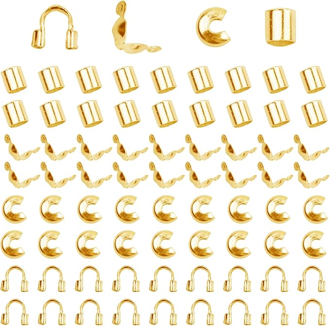 1400 Pieces Brass Tube Crimp Beads Wire Guardians Crimp Bead Knot Covers Bead Tips Knot Covers for DIY Bracelets Necklaces Jewelry Making Crafts Supplies(Gold)