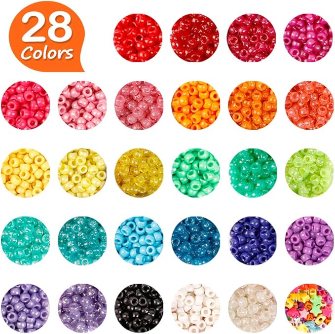 INSCRAFT Pony Beads Set - 4,600 pcs 9mm Pony, Letter & Star Beads in 27 Colors with Elastic String for Bracelet Jewelry Making