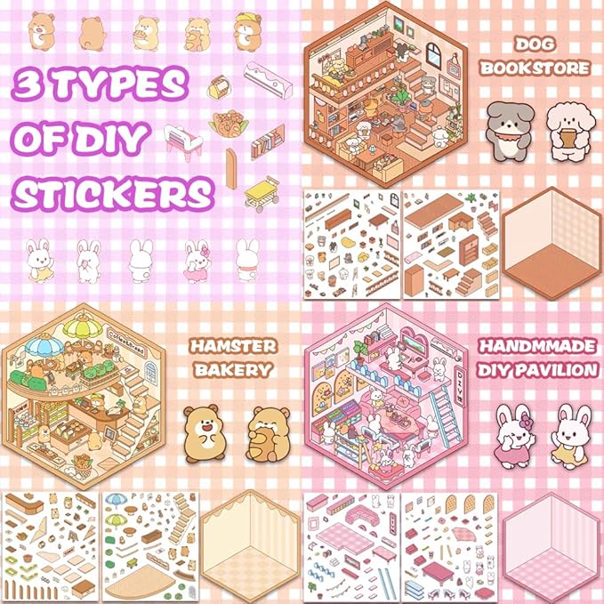 Scrapbooking Supplies Kit,DIY 3D Stickers Scene,3 Set Funny DIY Sticker Scenes,Make Your Own Cute 3D Miniature Room Scene Stickers for Adults Relief Stress Pass The Time.18-19-20