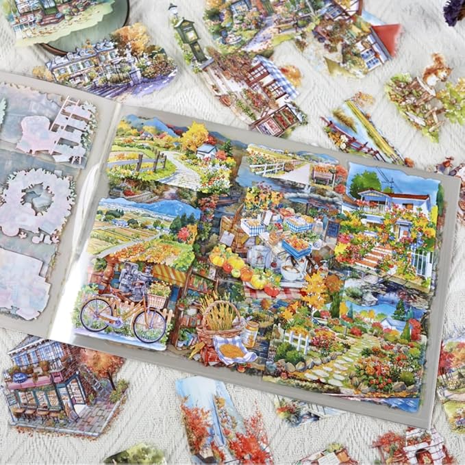 Large Transparent PET Autumn Landscape Sticker Book for Journaling, 20 Sheets Pre-Cut Scenery Stickers for Scrapbooking Supplies, Collage Decorative, 9.25 x 6.58 inches