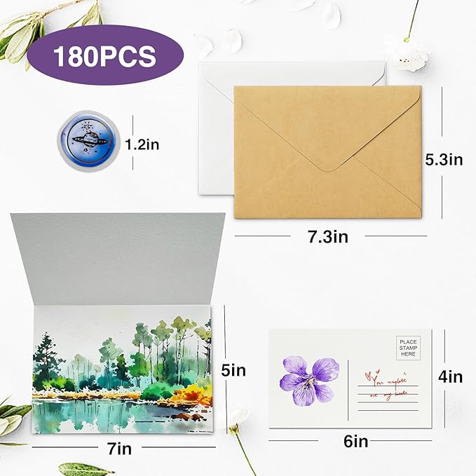50 Pack Foldable Watercolor Cards with Envelopes 5"X7", 40 Sheets 4''x6'' Blank Watercolor Postcards, 140LB/300GSM 100% Cotton Water Color Cards For Painting, Greeting, Christmas, Birthday