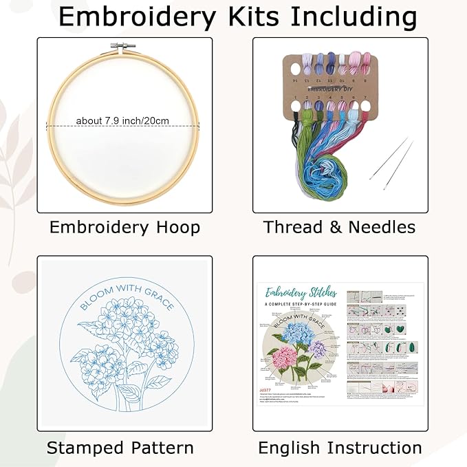 Nuberlic Hydrangea Embroidery Kits for Beginner Adults Cross Stitch Kit with Stamped Pattern Include Cloth Hoops Threads Needles