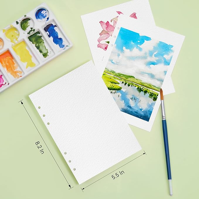 LIGHTWISH Watercolor Paper Bulk, 100% Cotton Cold Press 600gsm, 2 Pack, Total 24 Sheets A5 Hole-Punched Replaceable Paper for Artists, Adults,Students,5.8 * 8.2 Inches
