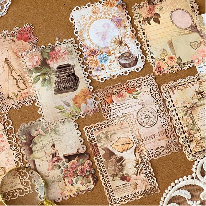 Antique Cutouts Lace Edge Scrapbook Paper, 60Pcs Decorative Floral Backround Paper for Scrapbooking, Journaling, Collage, Card Making, Junk Journal Supplies, Album Art Crafts