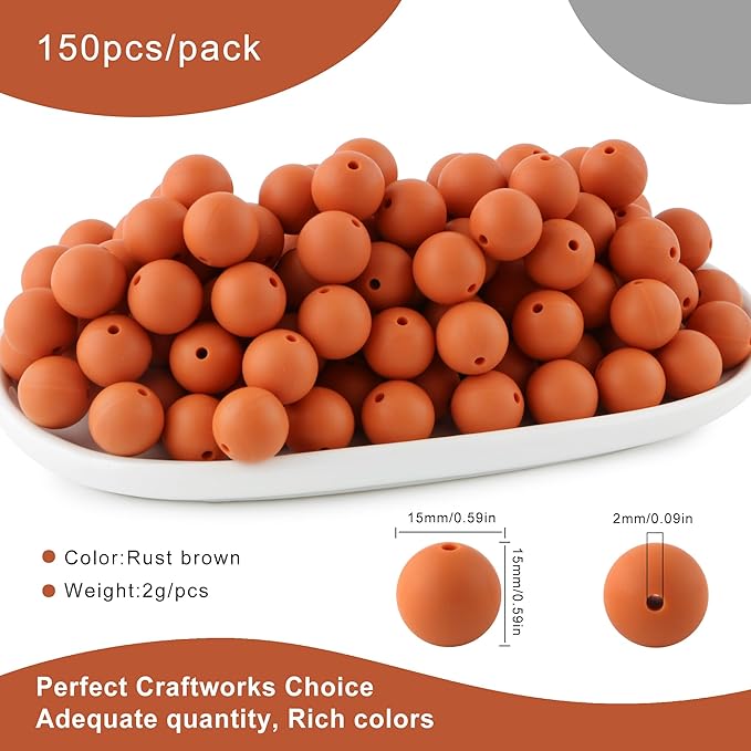 150Pcs 15mm Silicone Beads for Keychain Making Bracelet Necklace, Bulk Round Silicone Beads for Pens(Rust Brown)