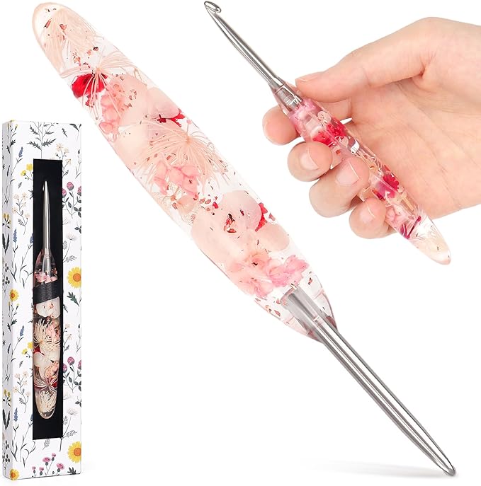 Katech 5.0mm Crochet Hook for Arthritic Hands, Hand-Polished Stainless Steel Ergonomic Crochet Hooks with Customized Sparkle Dried Floral Grip, Soft Tapered Hook-Crochet Gift for Beginner & Crocheter
