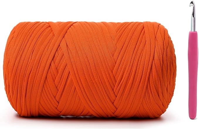 Elastic Fabric T Shirt Yarn for Crocheting，Beginner Crochet Yarns with Polyester Spandex Blend,Total 400g/114yds Soft Tshirt Yarn for Crochet Crafts/Bags/Baskets（Orange）