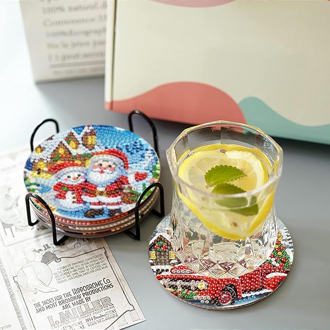8 PCS Christmas Diamond Art Coasters Winter Diamond Painting Coasters Kits with Holder DIY for Beginners, Adults, Diamonds Art Crafts Supplies