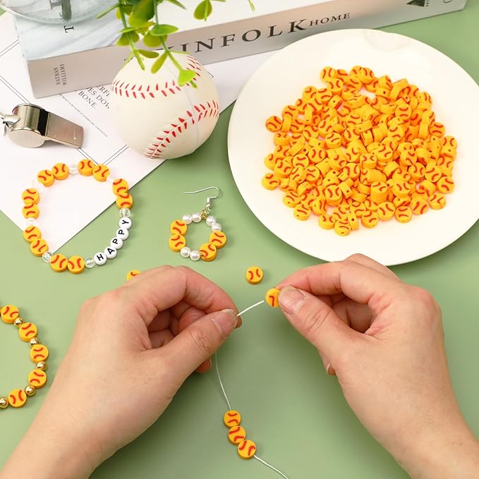 Augshy 300Pcs Softball Clay Beads for Jewelry Making, Softball Polymer Clay Beads Baseball Loose Spacer Bead for Bracelets Necklaces Earrings and Crafts Supplies