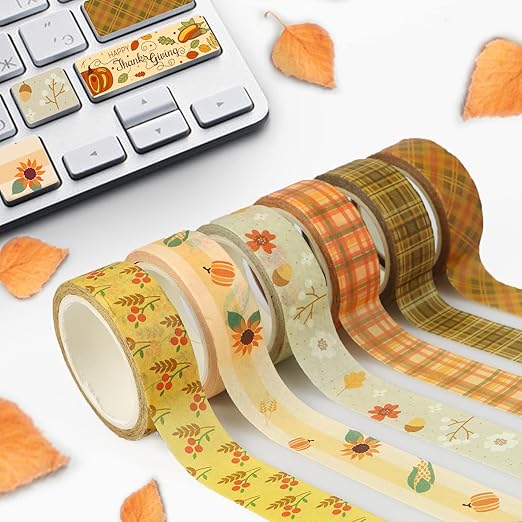 12 Rolls Fall Washi Tape Set for Bullet Journaling, DIY Crafts, Scrapbooking, Gift Wrapping Colorful Autumn Decoration Tape Grid Sunflower Maple Leaves Washi Tape