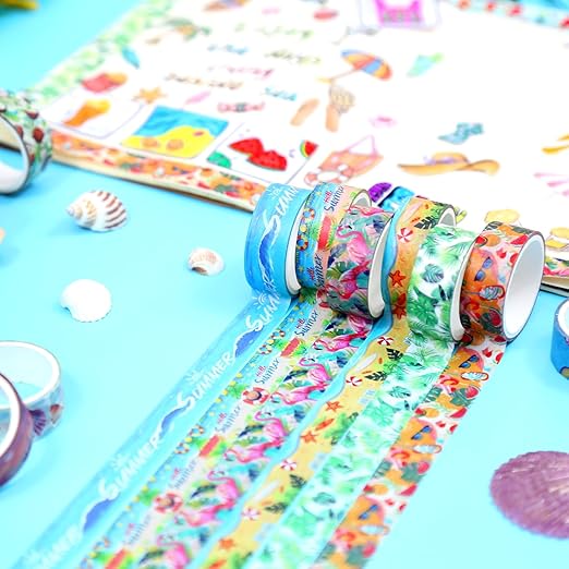 Summer Washi Tape Set,12 Rolls Hawaii Beach Holiday Decorative Tape Flamingo Tropical Leaves Coconut Watermelon Pineapple Masking Tape for Journaling Supplies, Gift Wrapping, DIY Art&Crafts