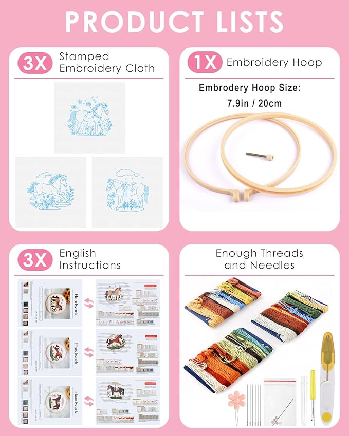 TINDTOP Embroidery Kit for Adult, 3 Pack Embroidery DIY Starter Kit, with Stamped Patterns, Hoop, Tools, Colorful Threads with Needles, Instructions