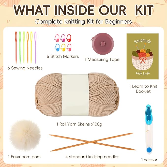 GliCraft Knitting Kits for Beginners Adults Hat Knit Kit with Yarn, Knitting Needles, Faux Pom, Scissors, Measuring Tape Practical and Easy to Use Complete Beginners for Women Men Present (Beige)