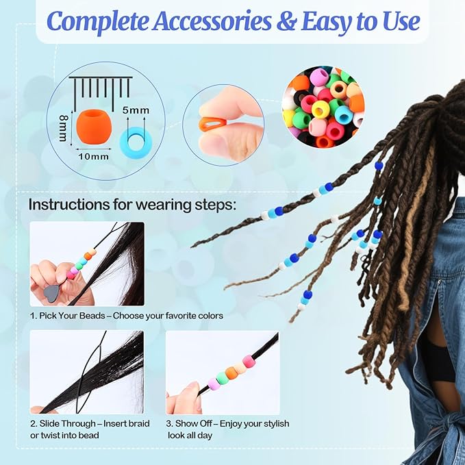 AD Beads 216PCS 6x9mm Soft Pony Silicone Beads for Hairstyle, Blue Series with 80 Elastic Bands, Tool and Storage Box Kit for Braids, Bracelet, Crafts.