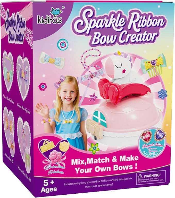 Kiditos Sparkling Ribbon Bow Creator Kit for Girls – DIY Headband & Jewelry Making Set, Arts and Crafts Toys for Kids Ages 5+, Make Your Own Hair Bows, Creative Gift for Girls