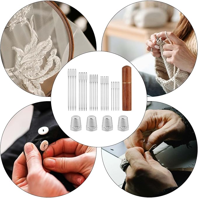 30pcs Large Eye Sewing Needles Kit, Stainless Steel Large Eye Embroidery Needles with Case and 4 Thimbles for Crochet Darning Yarn Knitting and Embroidery Projects