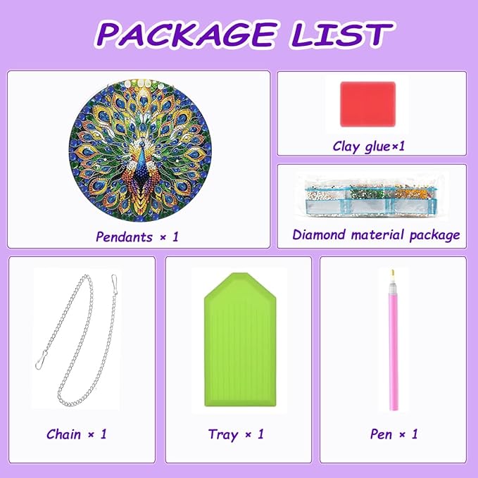 JBTM24 9.8x9.8 inch Hanging Diamond Art Pendant Kits, Double Sided Diamond Painting Hanging Sign with Chain, Special Shaped Crystal Art Ornament (Peacock)