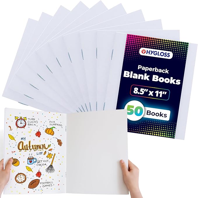 hygloss blank books - bulk 50 pack – 8.5" x 11" a4 white paperback blank books for kids to write stories, doodle, arts & crafts – plain drawing sketchbook, unlined journal, notebook without lines