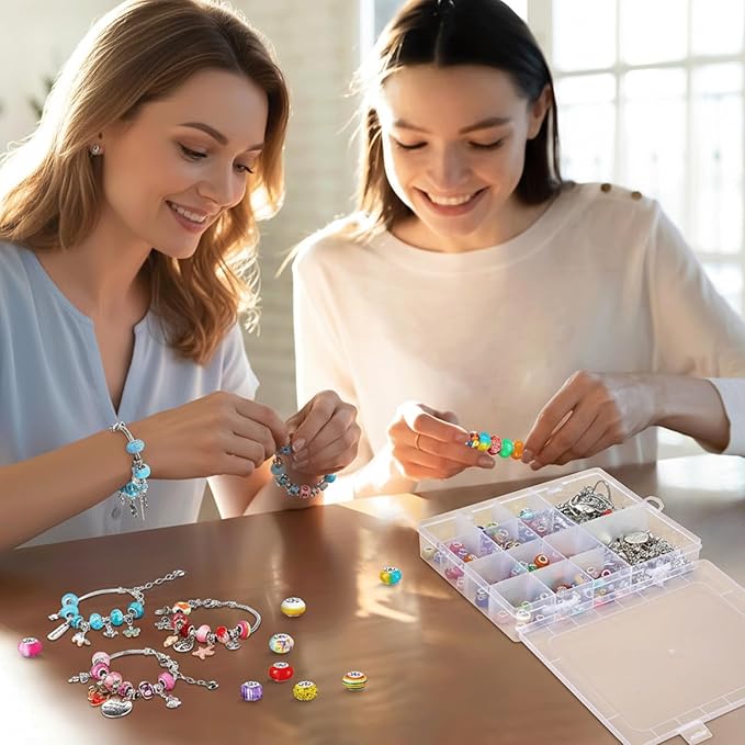 Ferreve 231 Pcs Charm Bracelet Making Kit Snake Chain European Large Hole Beads Dangle Charm with Plastic Storage Box DIY Jewelry Making Craft Gifts for Women(6.3 Inch)