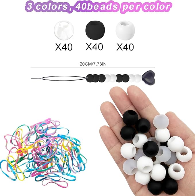 120Pcs 14mm Large Silicone Beads for Hair Braids, Soft Jellyish Hair Beads with 7mm Hole + 50 Rubber Bands and 1 Beader for Braiding, DIY Bracelets Necklaces Crafts(Black)