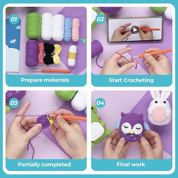 YESJOLI Crochet Animals kit for Beginners,Crochet Knitting kit Crafts for Adult Women DIY with Step-by-Step Video,Easy Learn tutorials to Crochet Kits,Yarns,Hook,Accessories (White Rabbit Frog owl)