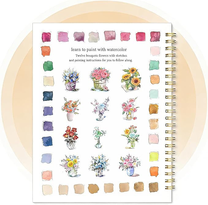 Watercolor Workbook for Beginners - Complete Watercolor Painting Kit with 12 Color Paint Set & Brush | Step-by-Step Art Book for Adults, Hobby Gift for Friends