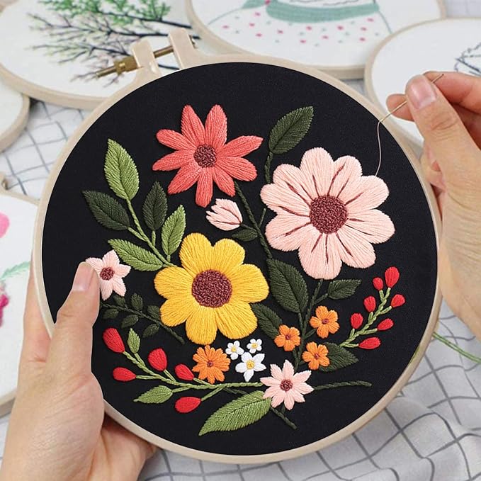 louise maelys 3 sets flowers embroidery kits for beginners,cross stitch kit for adults,crewel starters needlepoint with floral pattern,hoop,threads and instruction