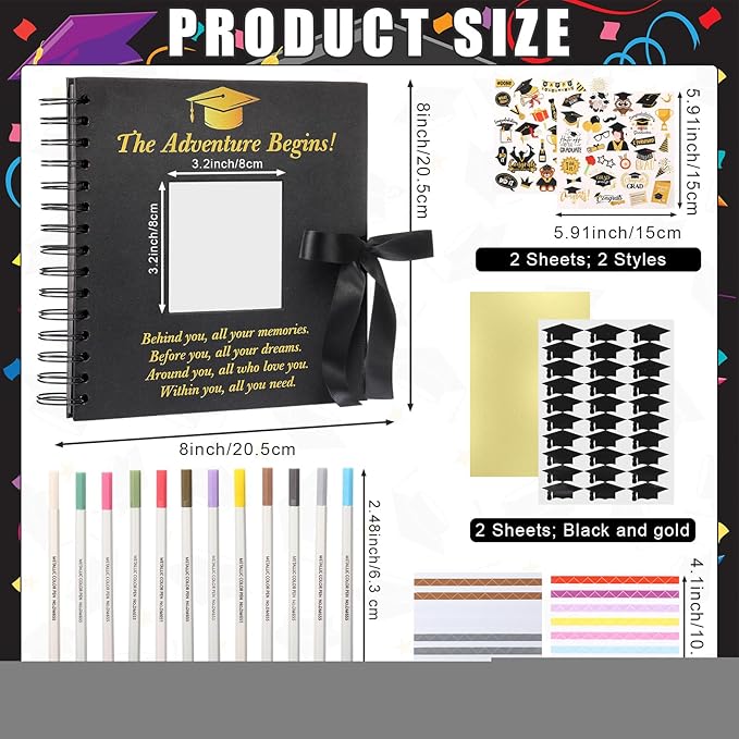 Fullhawl Graduation Scrapbook Kit 8 x 8 Inch Gold Black Grad Memory Book DIY Graduation Picture Album with Stickers and Markers for College High School Graduation Gifts Party Supplies, 40 Sheets