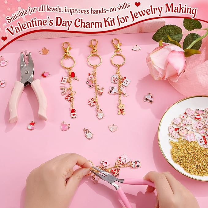 PYURTHITY 254 Pcs Valentine's Day Lip Gloss Keychain Charms Making Kit Include Valentine's Day Enamel Charms Keychain Clips Extender Chains Jump Ring Plier DIY Jewelry Crafts Gifts for Women Adults