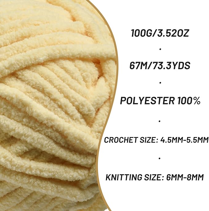 2 Pack Chunky Chenille Yarn for Crocheting, Baby Yarn for Crocheting Soft Blankets, Bulky Yarns for Crochet Amigurumi, 200g (148.7yds) Fluffy Velvet Yarns for Hand Knitting (2 Light Yellow)
