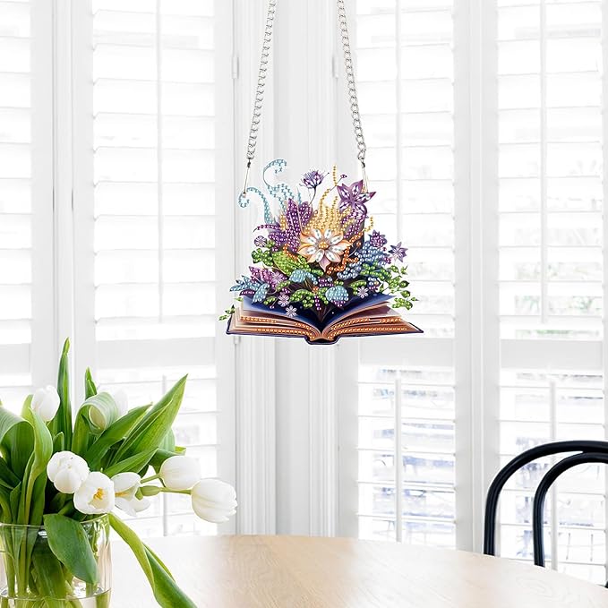 AiYuanzsh DIY 5D Diamond Art Hanging Pendant Kit – Flowers Blooming in the Book Design with Crystal Rhinestones, for Adults Door, Wall, Window, and Home Decoration