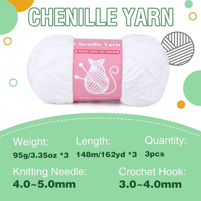 LUNARM Chenille Velvet Yarn for Crocheting & Knitting, Soft Yarn for Making Blankets, Clothes & More - 3 * 3.35oz, 3 * 162yds (White)