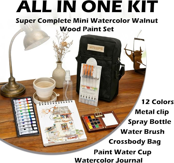 Mini Watercolor Paint Set, Portable Travel Art Kit with 12-Color Paint, 6 Brushes, 2 Sketchbooks & Crossbody Bag - Ideal for Artists & Beginners (walnut color)