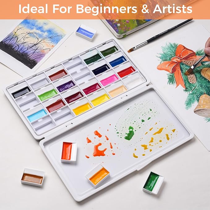 Fuumuui 24-Color Opaque Semi-Moist Watercolor Set – High-Saturation Bright Colors Art Supplies with Strong Coverage and Rich Pigments for Artists Beginner Painters Amateur Hobbyists Painting